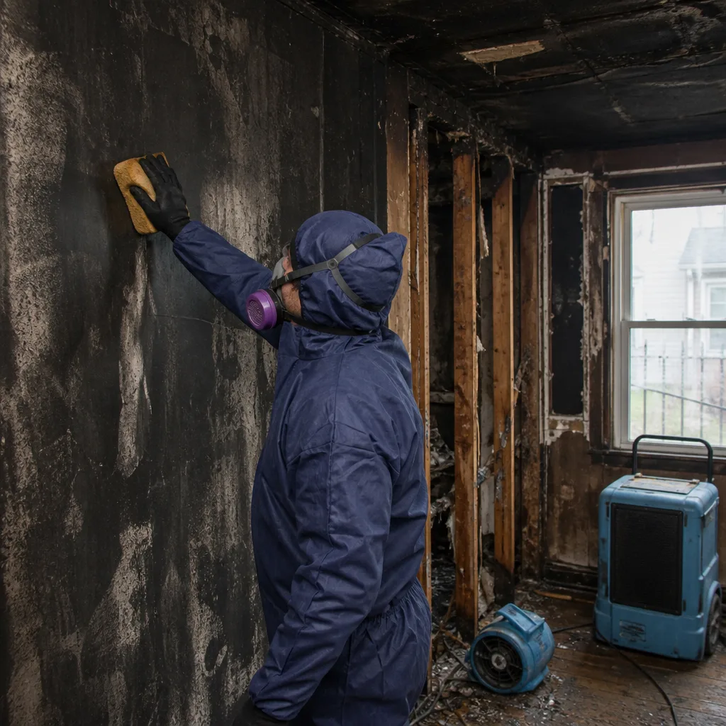 Professional restoration technician cleaning soot from charred walls after fire damage
