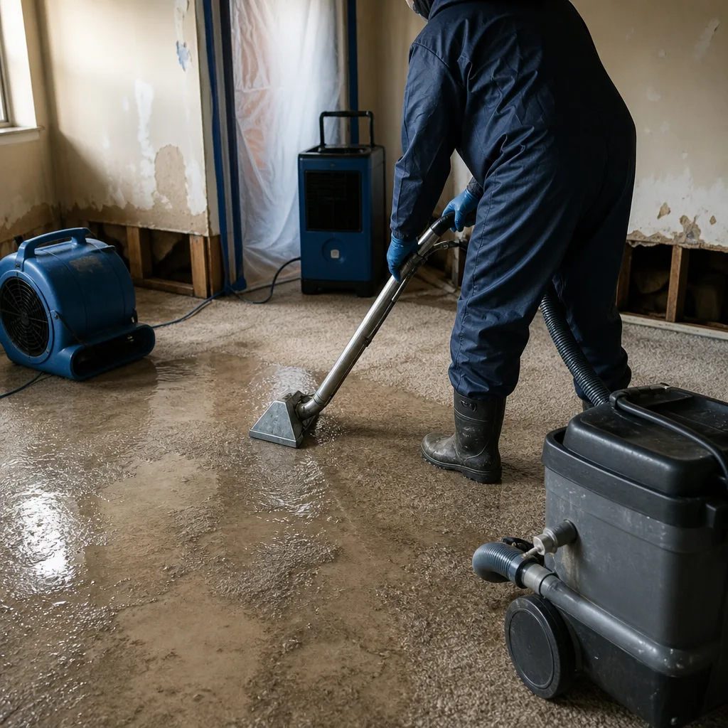 Professional water damage restoration specialist extracting water from a flooded carpet.